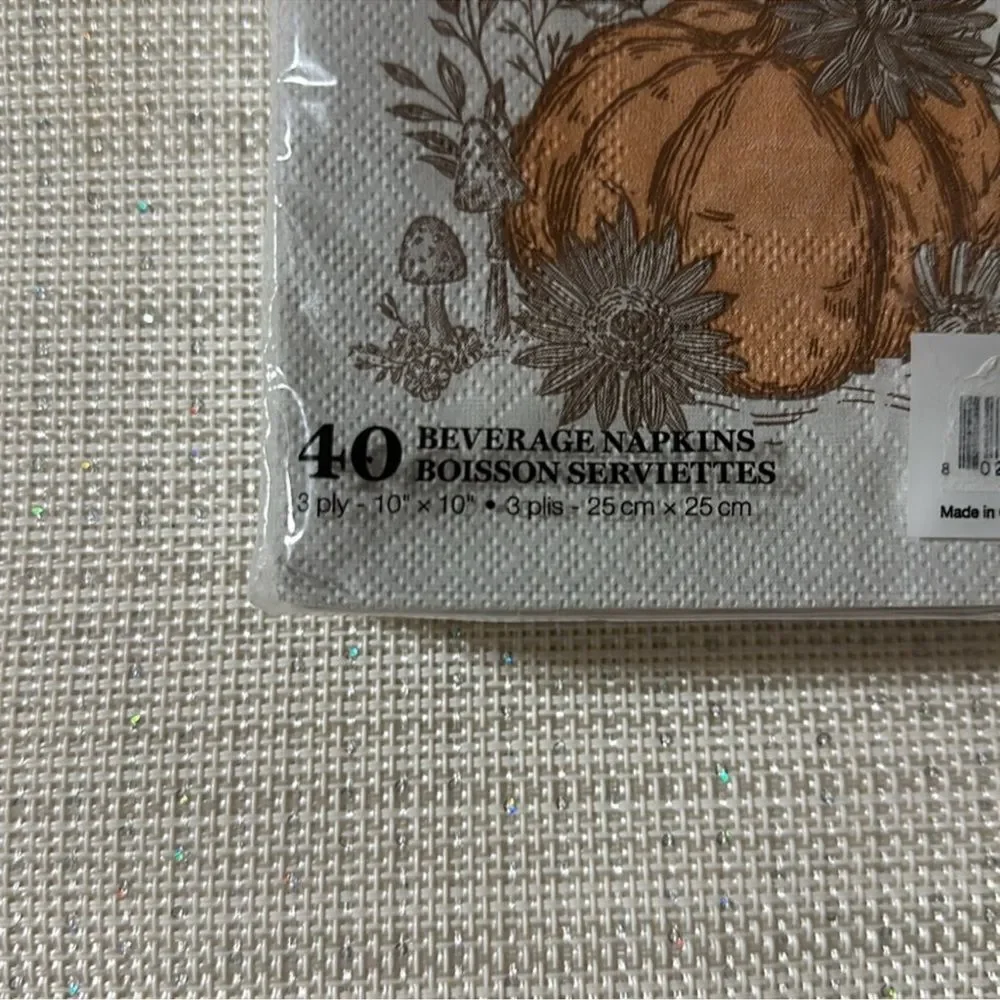 Punch Studio 40 Fall Harvest Pumpkin Square 3-ply Beige Brown Beverage Napkins